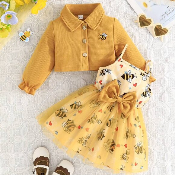 Toddler Girl Bees Outfit: Bee Sleeveless Dress & Long Sleeve Jacket - Picture 6 of 6